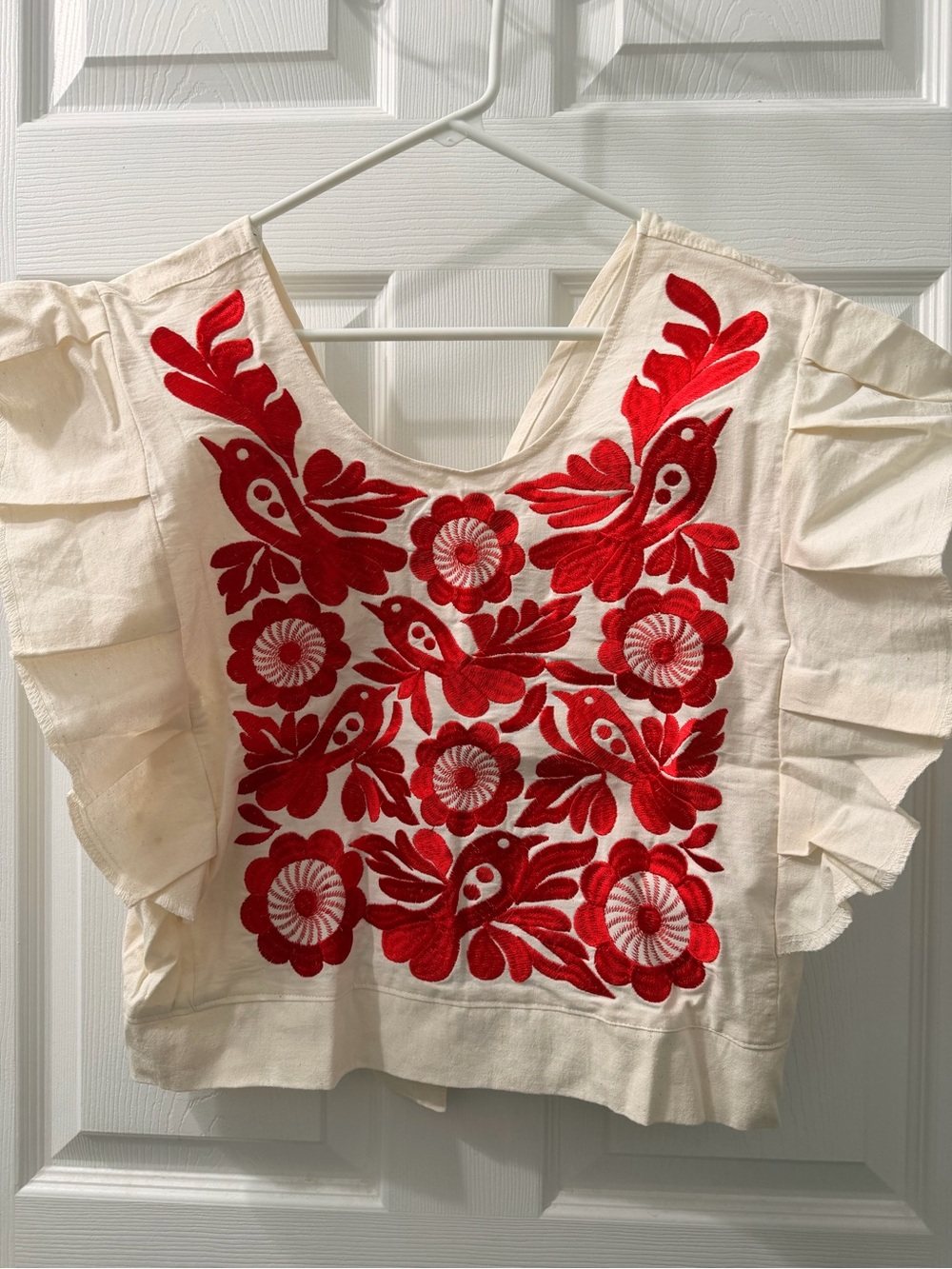 Embroidered Flutter Sleeve Cotton Top - Red on Cream
